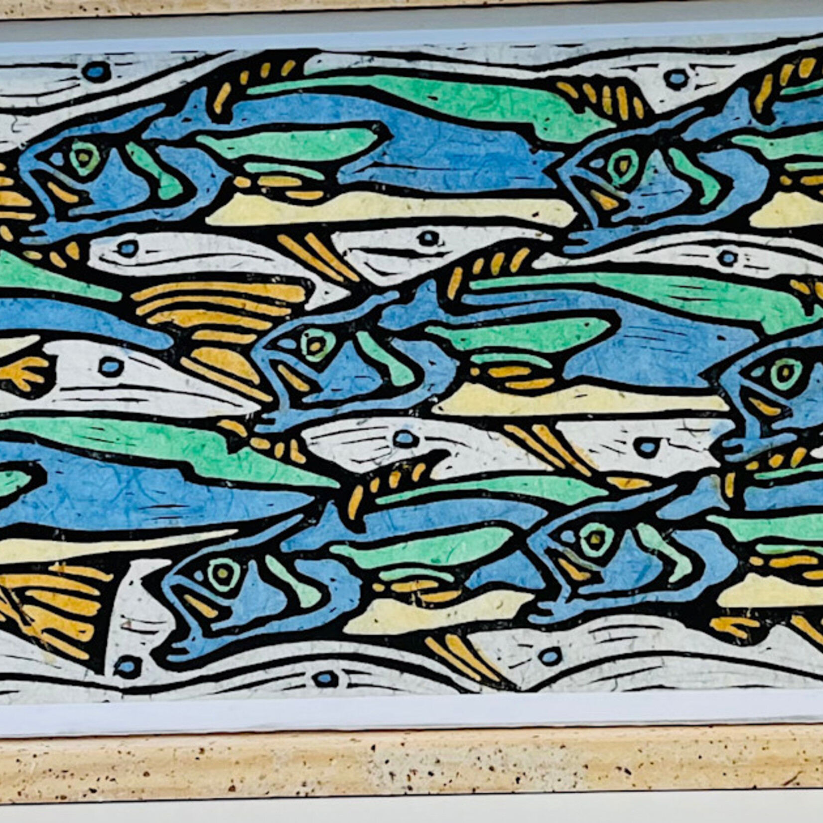 John HC Davis Sea Trout, linocut print, 38x12", framed, JOHN