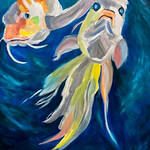 Susan Marinaccio Mystic Depths, koi fish,  orig acrylic  on canvas, framed, 24x36", SUSM