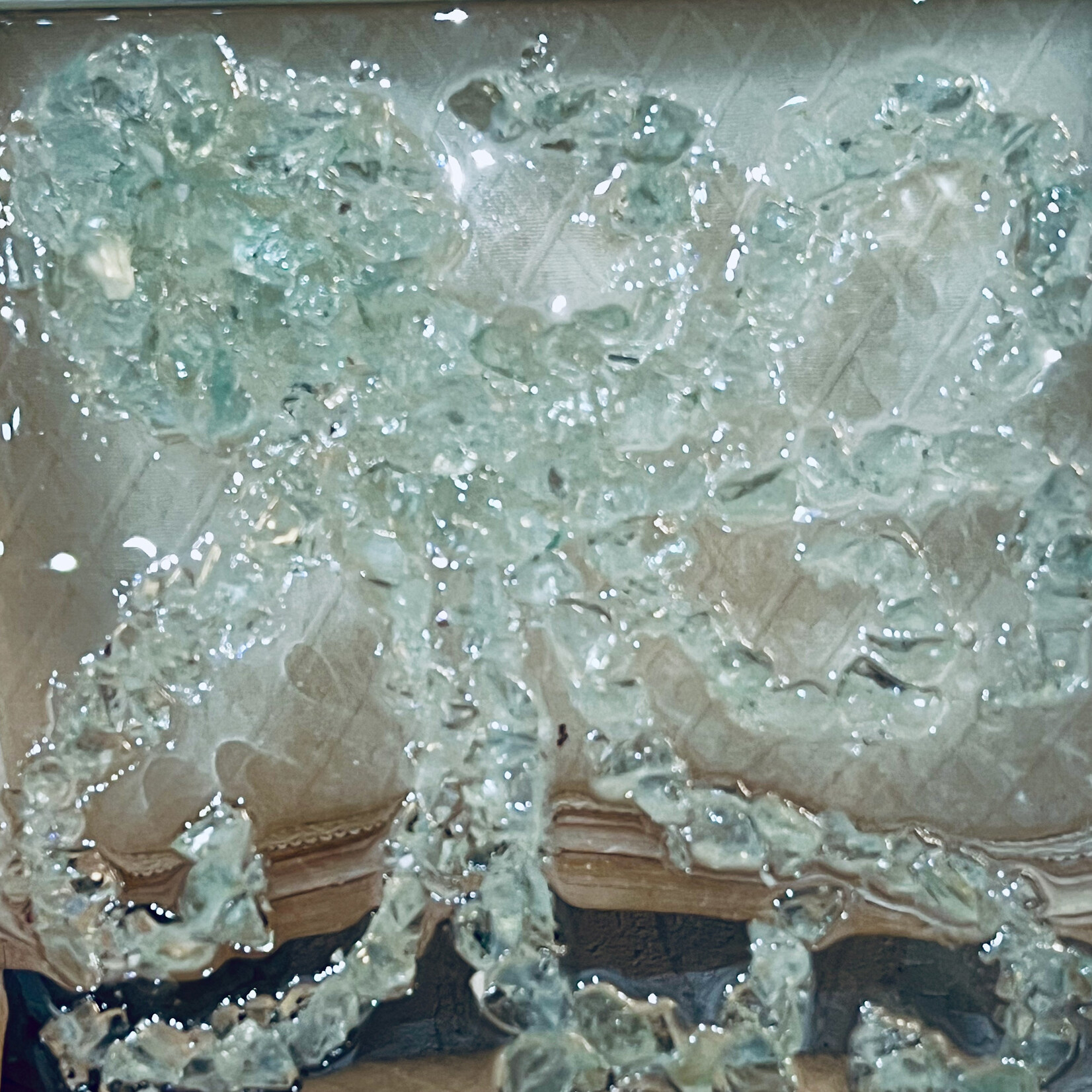 Sue by the Seashore Octopus, crushed glass, 13x13" framed, SUES
