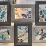 Sue by the Seashore School of fish, 15x22", crushed glass,  framed, SUES