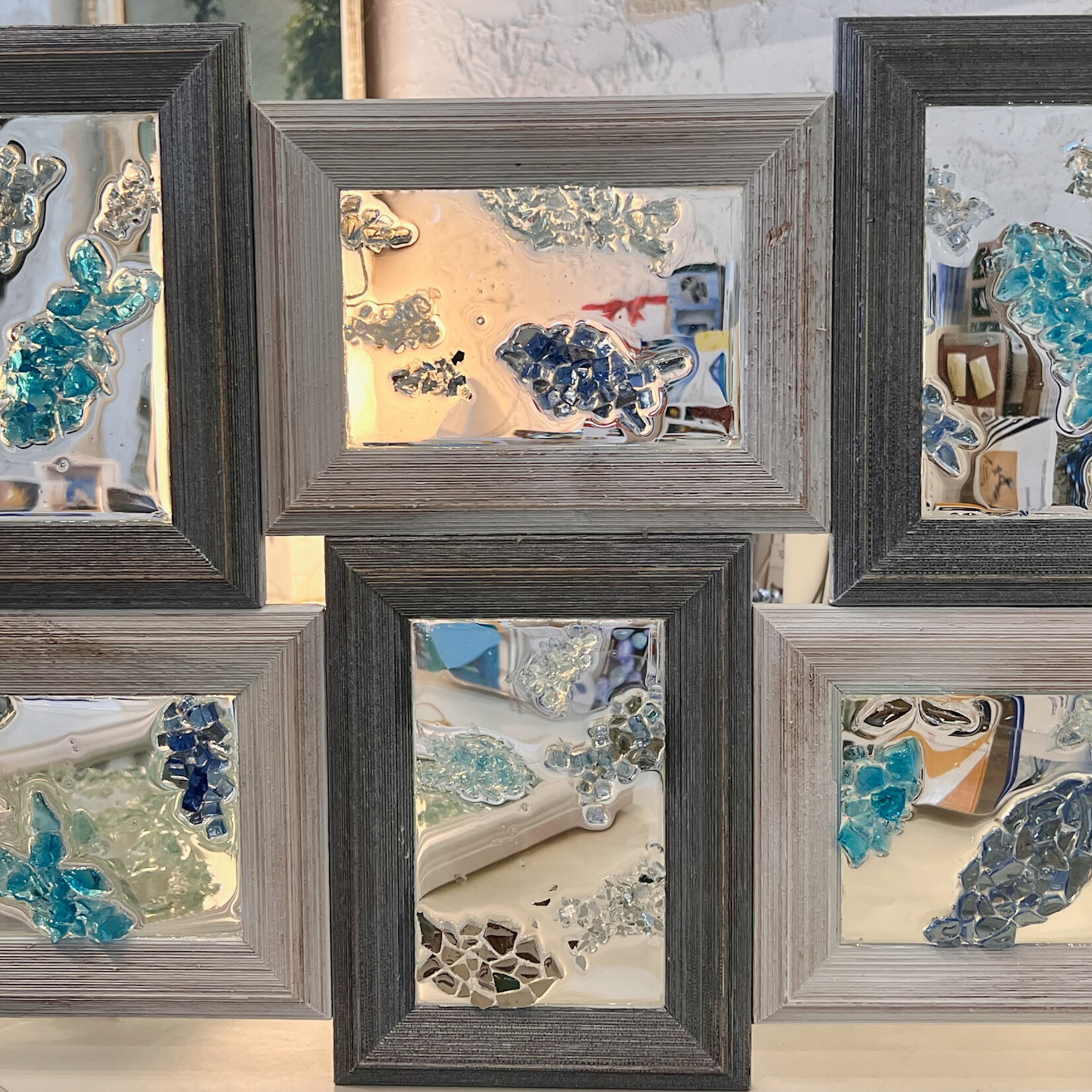 Sue by the Seashore School of fish, 15x22", crushed glass,  framed, SUES