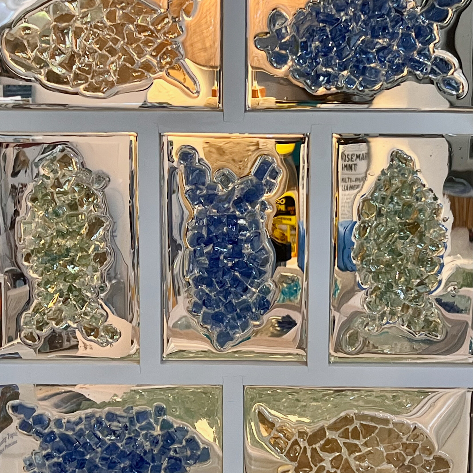 Sue by the Seashore "Fishies", crushed glass, framed, 16x14" SUES