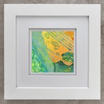 Susan Estrella "Island Sun",  Mixed media abstract using paint, paper and fabric. 10" sq, SUSE