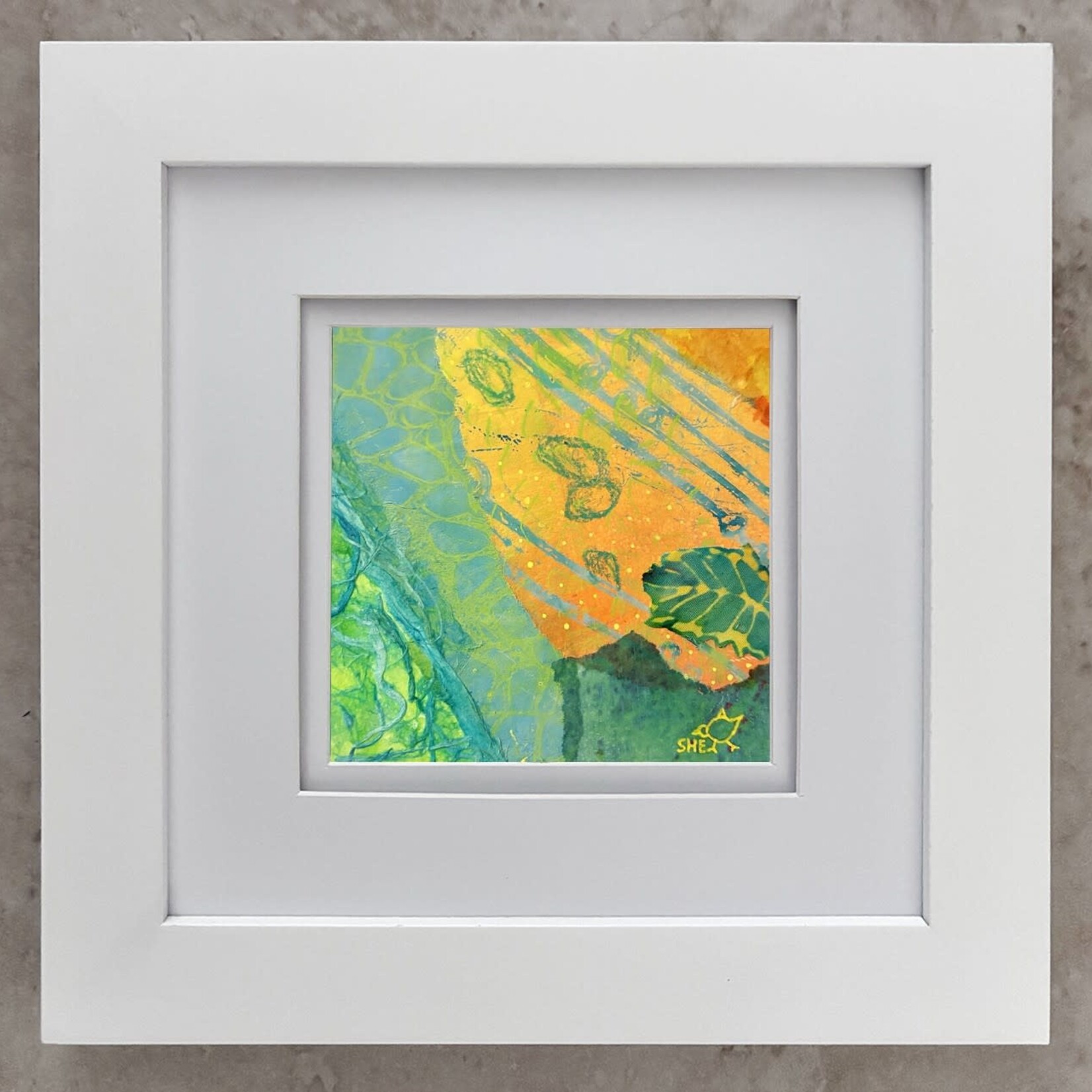 Susan Estrella "Island Sun",  Mixed media abstract using paint, paper and fabric. 10" sq, SUSE