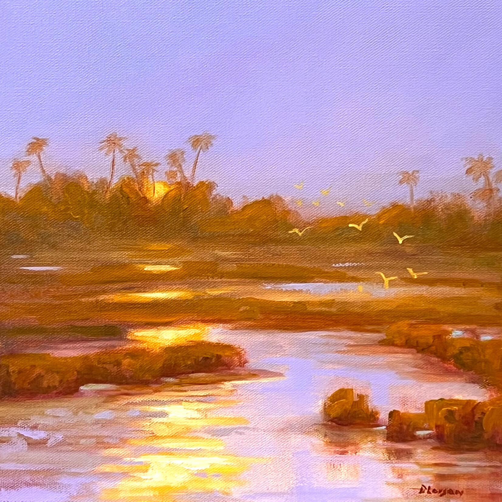 Diane Larson "Golden Sunrise", oil on GW canvas, 12"sq, DIAL