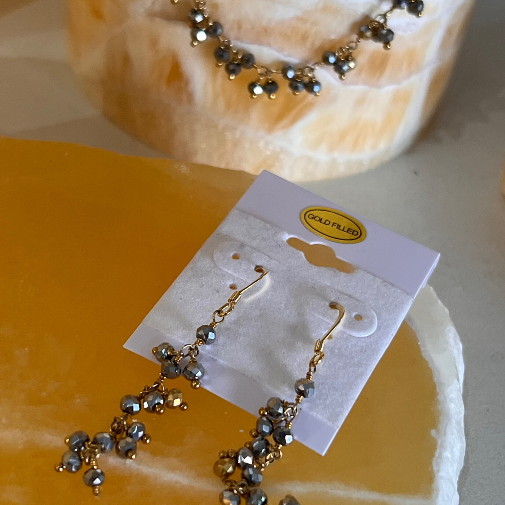 Iryna Trociuk SET, Necklace/Earrings, handmade, Rosary chain, pyrite and gold, IRYNA