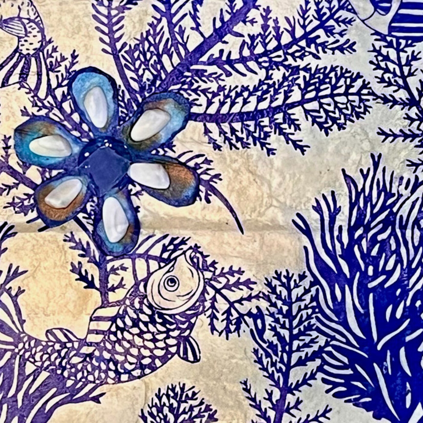 Pam Maschal Blue fish w/flowers on wood, 15x 5.5", PAMM