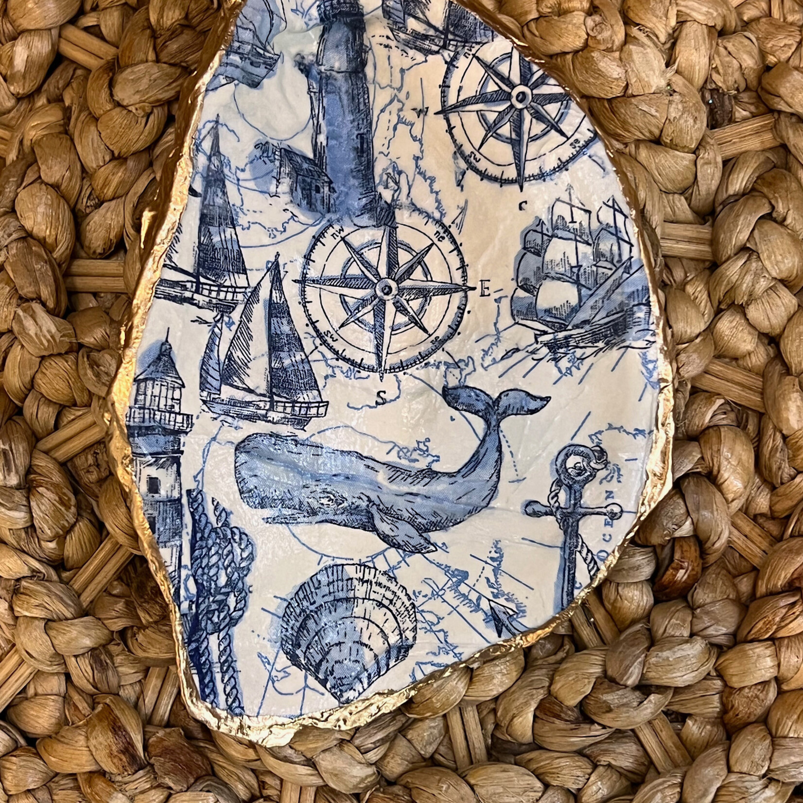 Pam Maschal Jumbo Oyster Shell, blue/white w/gold leaf,  PAMM