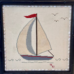 Pam Maschal Sailboat, vintage needlepoint, 11x11", PAMM