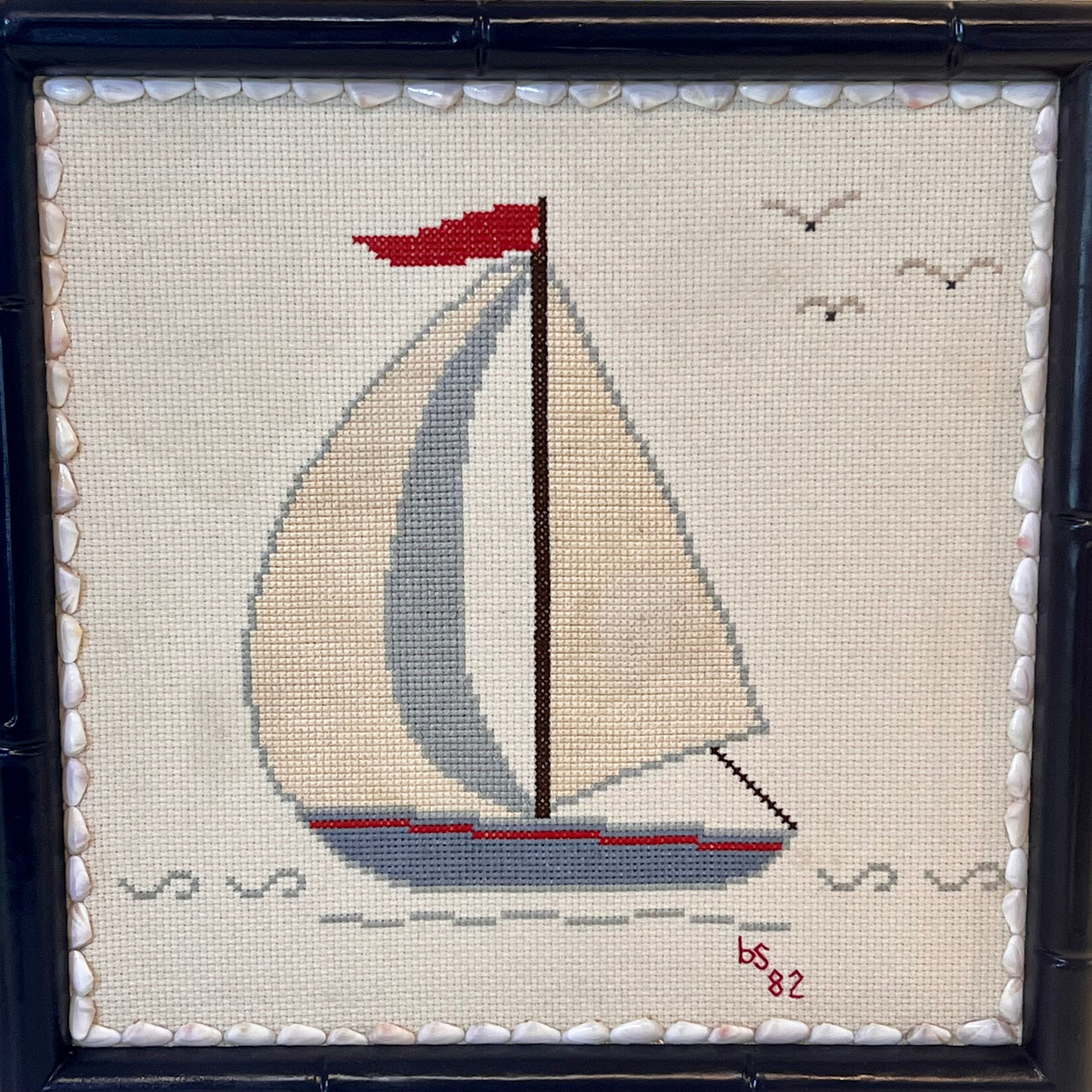Pam Maschal Sailboat, vintage needlepoint, 11x11", PAMM