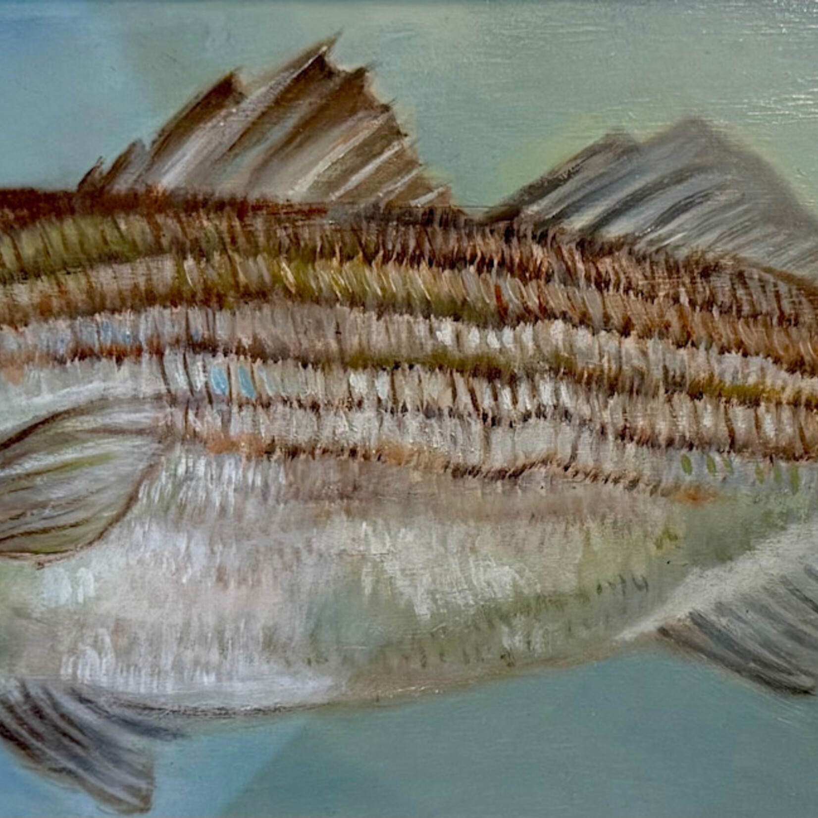 Rare Finds Striped Bass, painting, oil, 18.5x6.5", Amy Surman, RARE