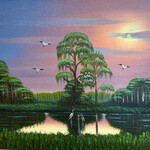 Highwaymen: Original, 2nd Generation, Legacy HIGHWAYMEN, Al Black, "Sunset over the Marshland"  Oil on masonite, 27x23" framed, RARE