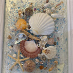 Rare Finds Mixed media w/shells, glass and resin, framed, 14.5x12", RARE