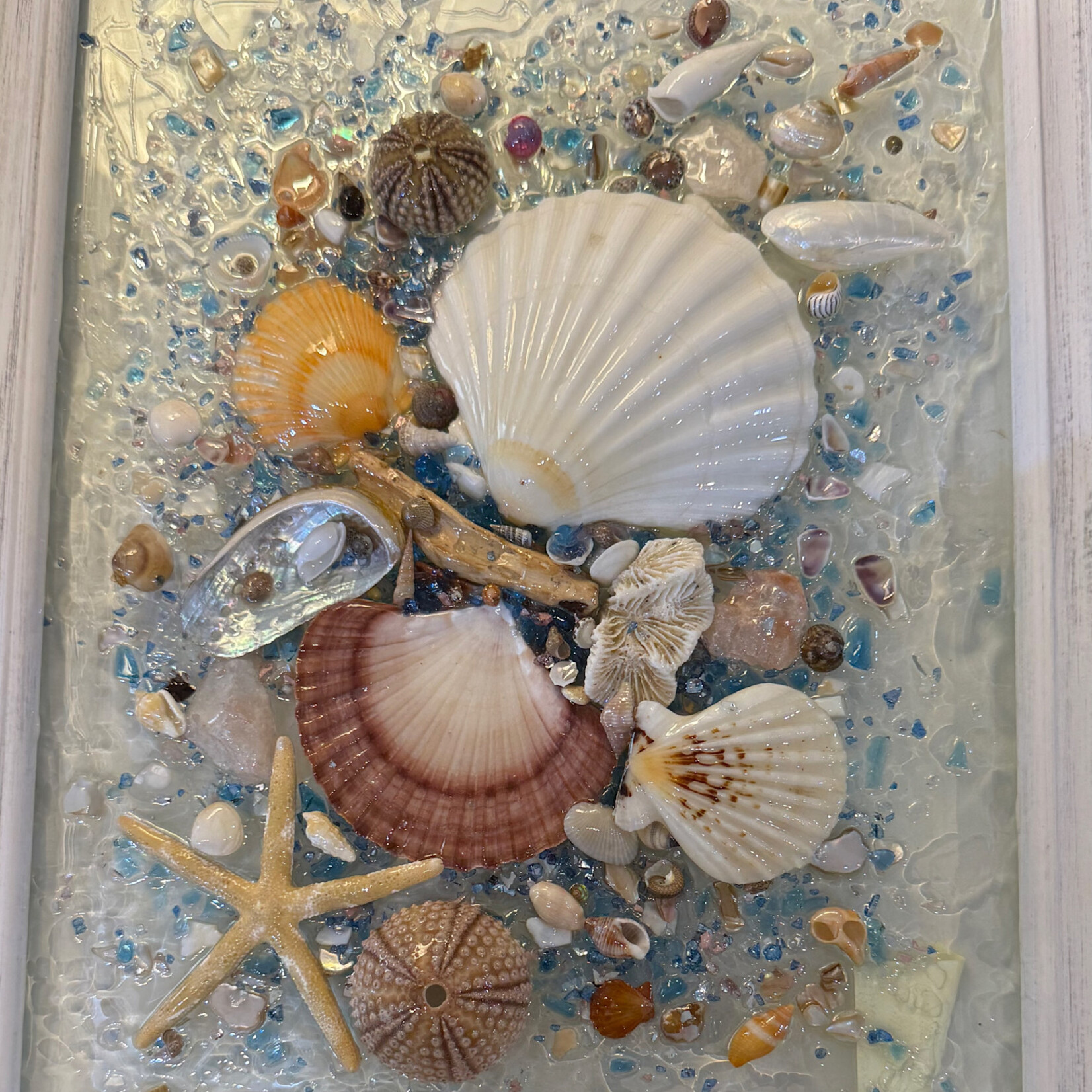 Rare Finds Mixed media w/shells, glass and resin, framed, 14.5x12", RARE