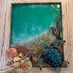 Rare Finds Mixed media w/shells/turtle, glass and resin, framed,11x13", RARE