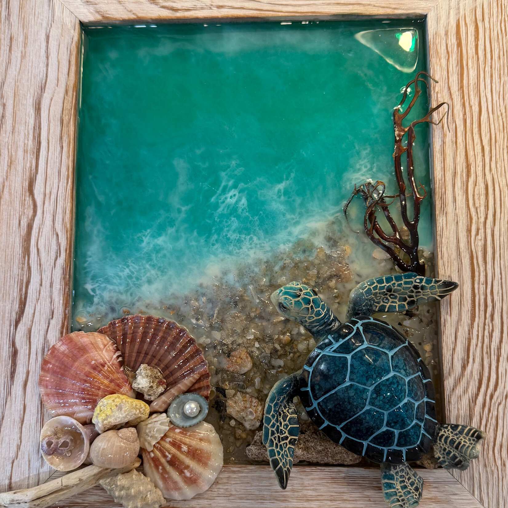 Rare Finds Mixed media w/shells/turtle, glass and resin, framed,11x13", RARE
