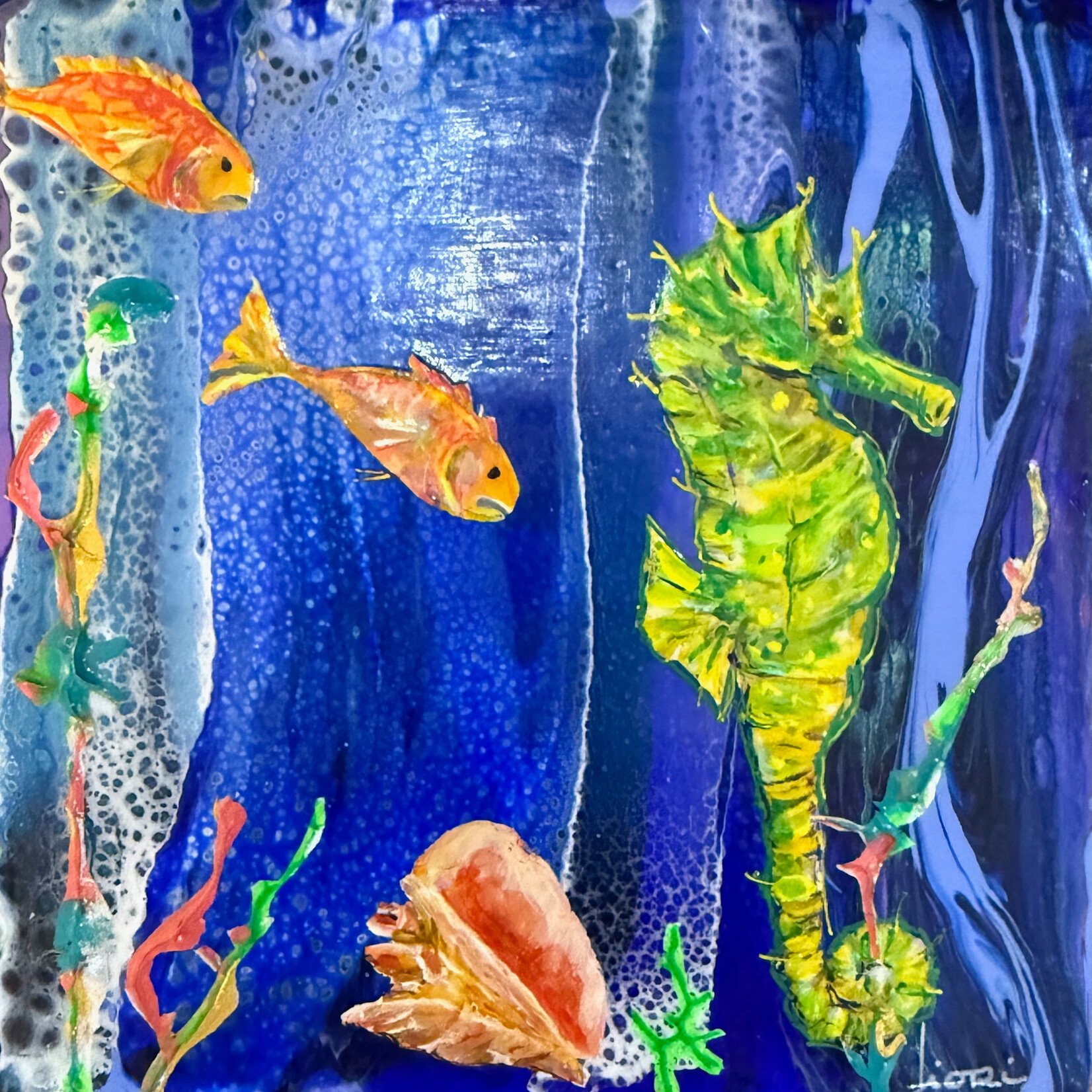 Fiori Ferraris Conch and Seahorse, mixed media on canvas, 5x5",  FIORI