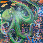 Fiori Ferraris Pool Octopus, Mixed media on 8x8" wood panel, FIORI
