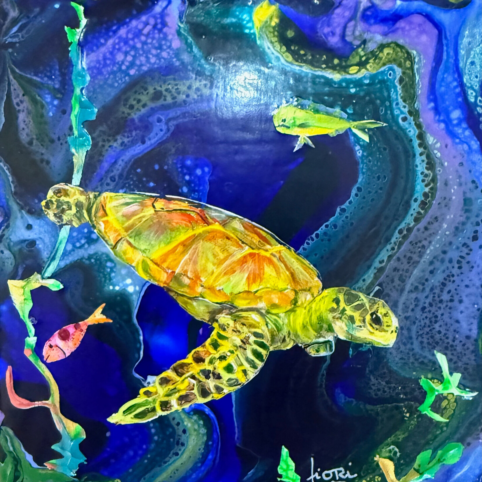 Fiori Ferraris Swirls Turtle, mixed media on canvas, 5x5",  FIORI