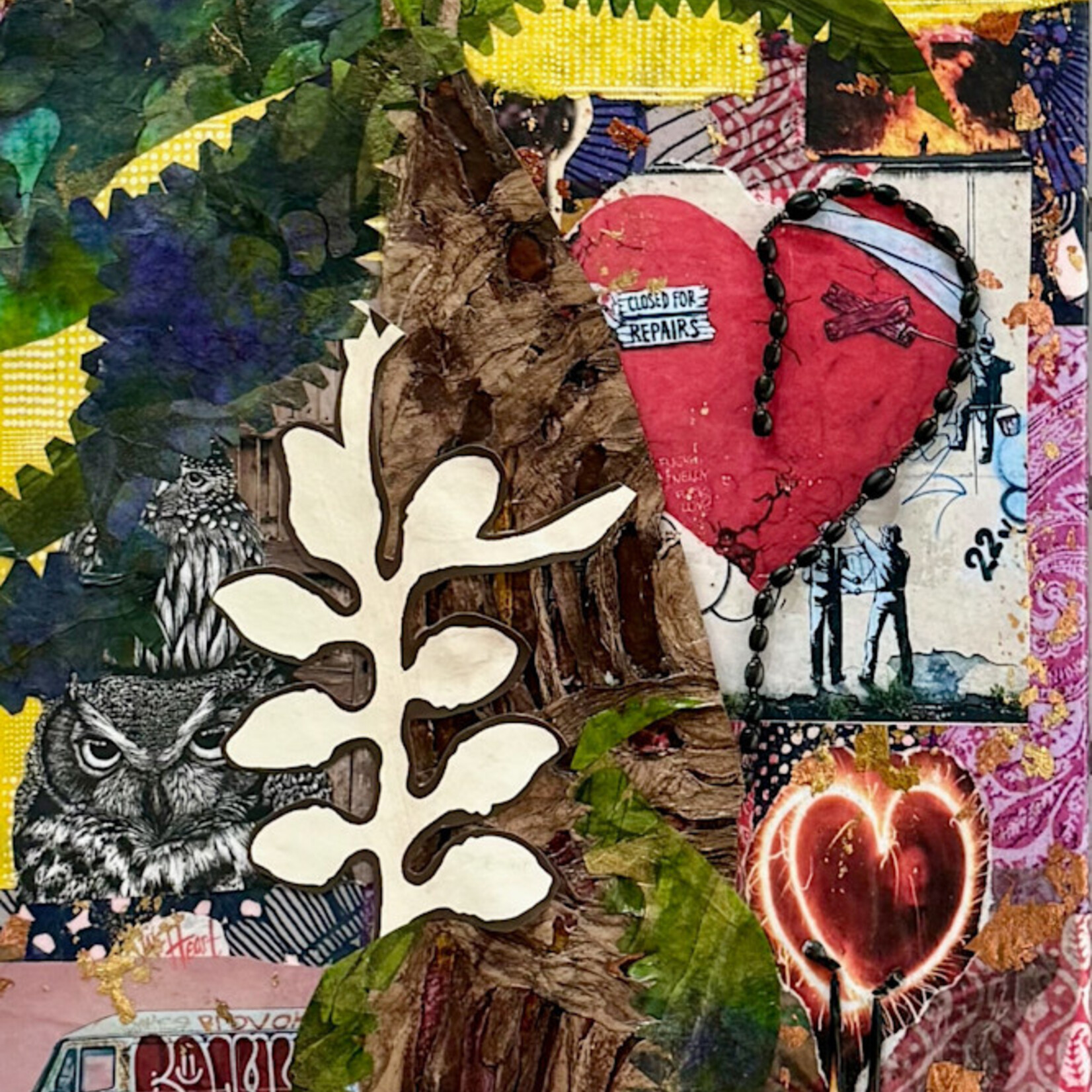 Pam Maschal "Mayhem", collage on canvas, 12x36",  PAMM