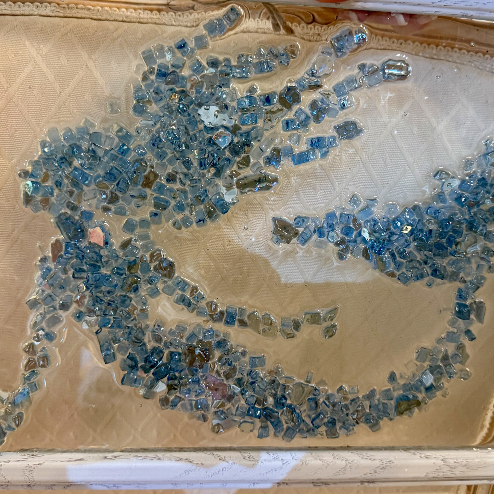 Sue by the Seashore Mermaid, blue, crushed glass, framed,10x14", SUES