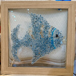 Sue by the Seashore Fish, blue, crushed glass, framed 15x14", SUES