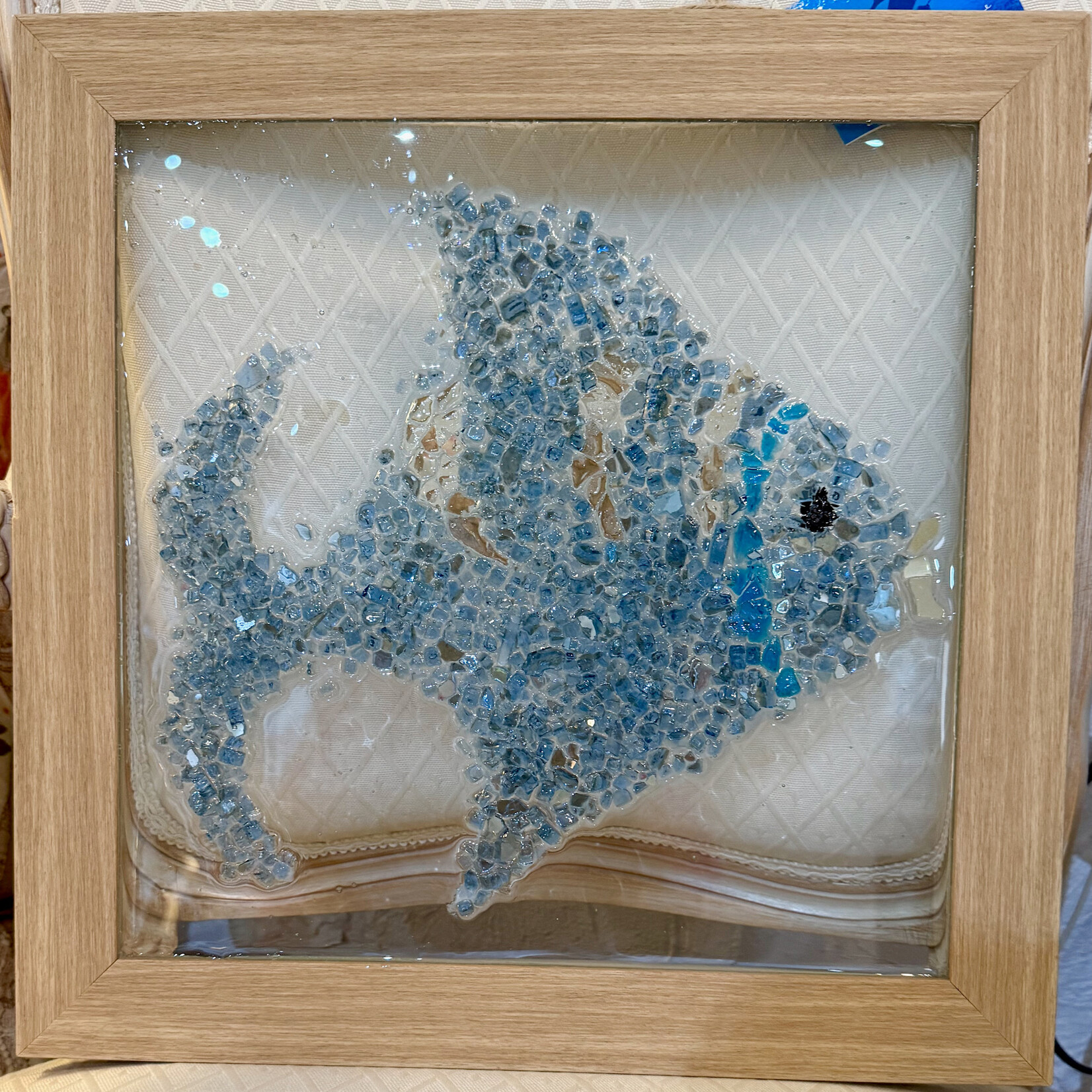 Sue by the Seashore Fish, blue, crushed glass, framed 15x14", SUES