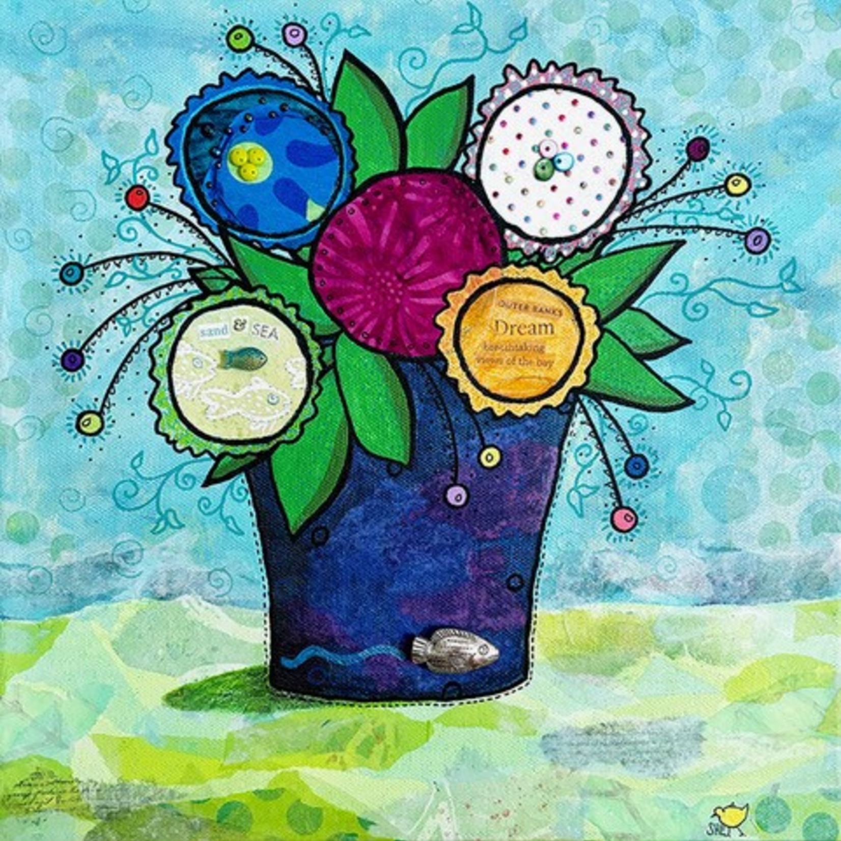Susan Estrella "Fishin' Flora" mixed media on GW canvas, 12" sq, SUSE