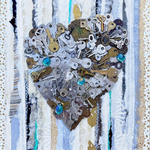 Susan Estrella "The Key to My...", mixed media w/keys on wood, 12"sq, SUSE