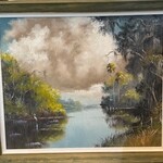 Highwaymen: Original, 2nd Generation, Legacy HIGHWAYMEN, early Sam Newton,  "River Scene under Cloud Cover," oil on  Masonite, 28x25" framed, RARE