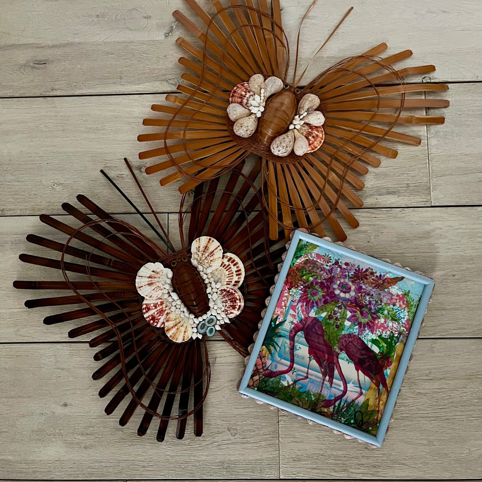 Pam Maschal Vintage Rattan Butterflies w/shells", 15x17" , PAMM