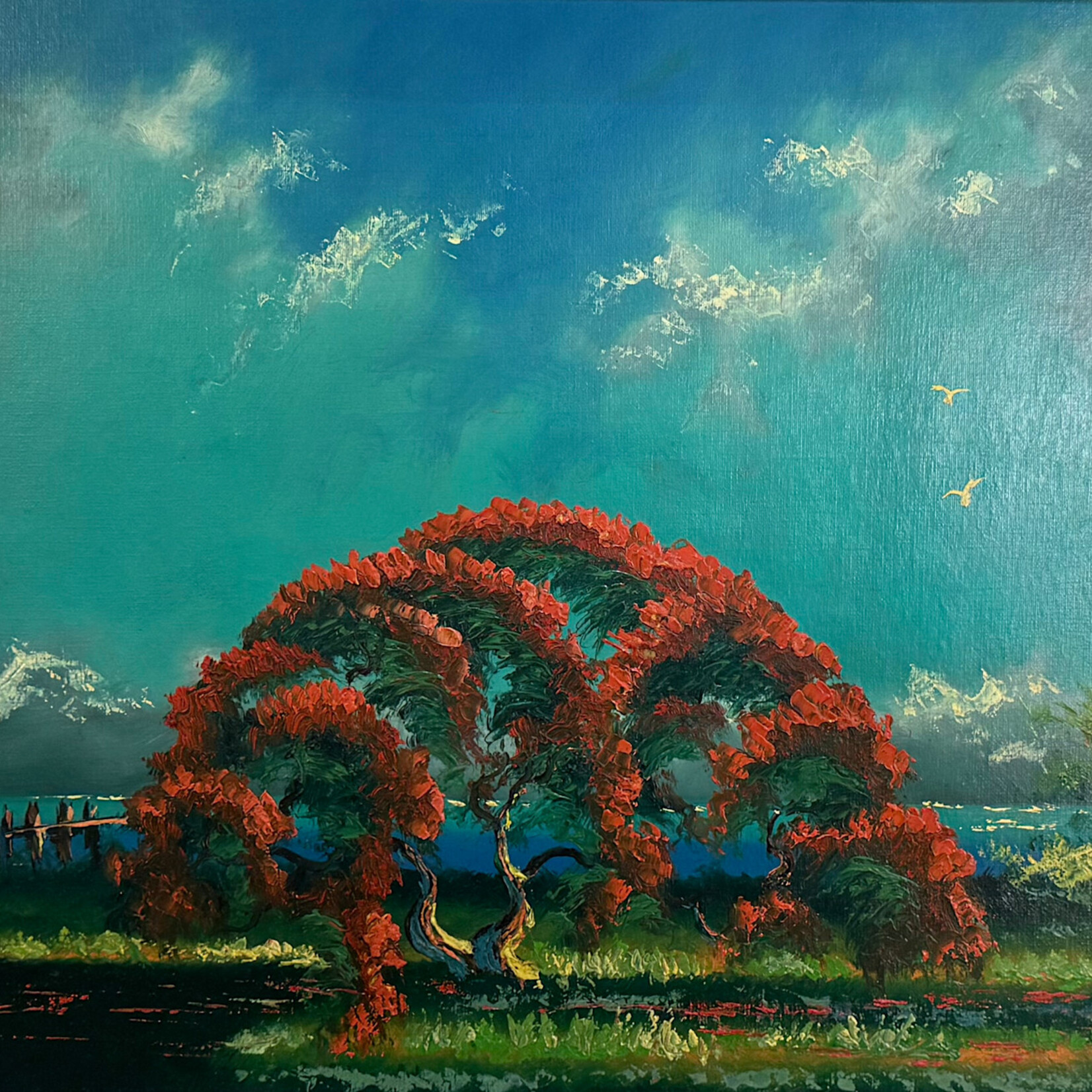 Highwaymen: Original, 2nd Generation, Legacy HIGHWAYMEN, Willie Daniels, Poinciana w/birds, oil on canvas board, 40x28" framed, RARE