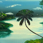 Rare Finds Highwaymen, Riverbend w/Palm, unsigned oil on Upson board, late 1950s, 48x24", RARE