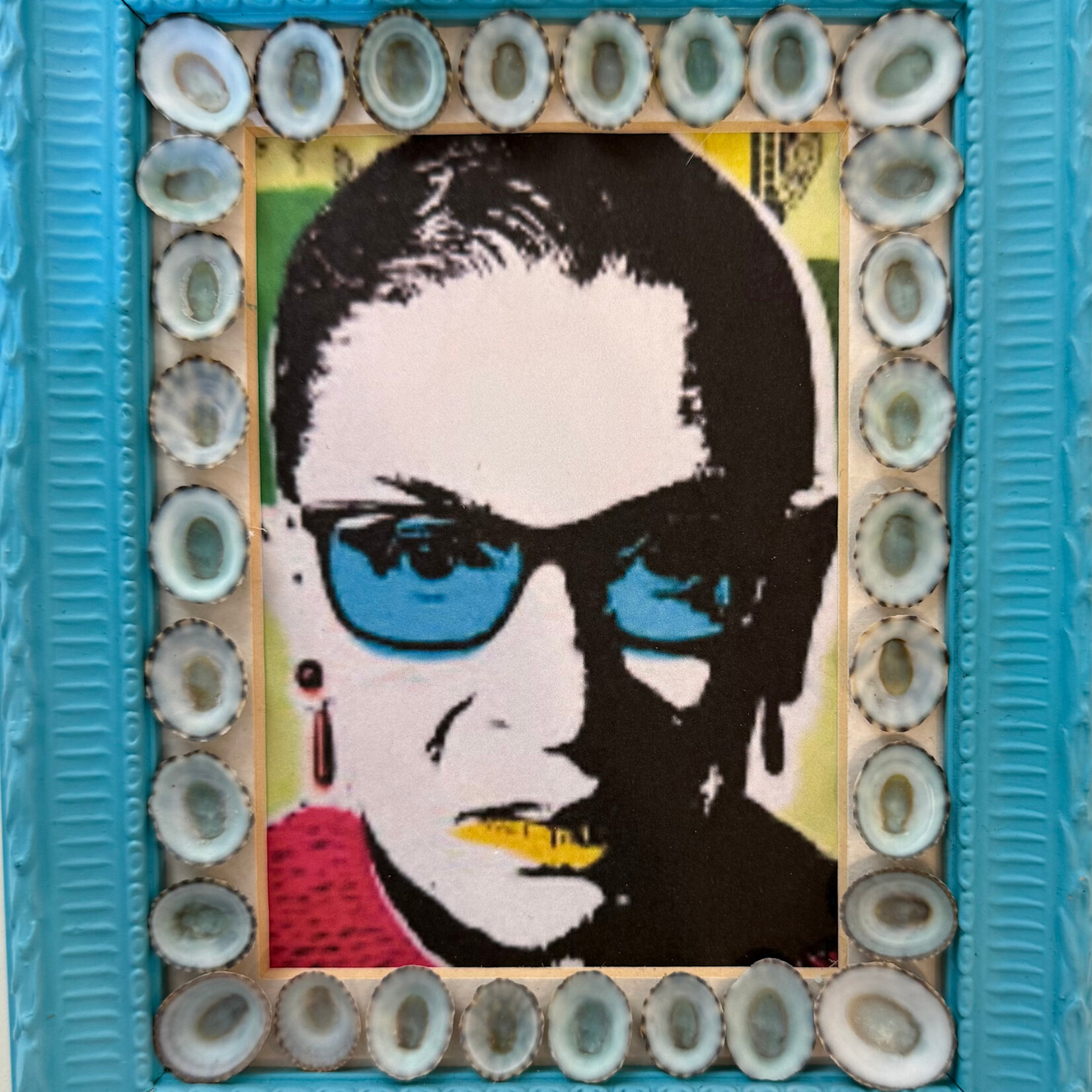 Pam Maschal Collage, One and Only Ruth, framed w/limpet shells, 16.5x8", PAMM