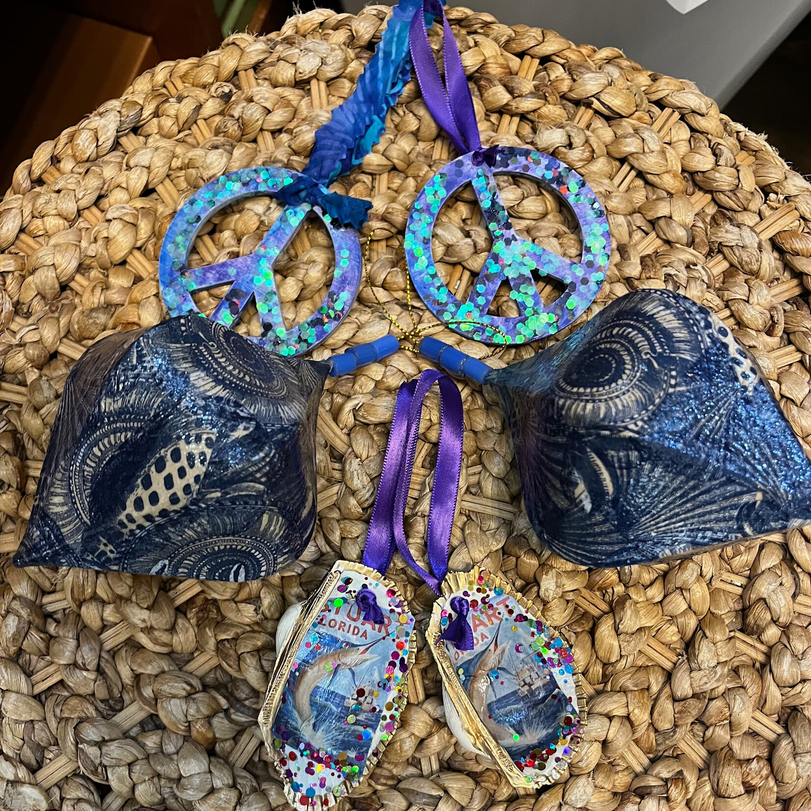 Pam Maschal ORNAMENT, Navy shell w/beads,  PAMM