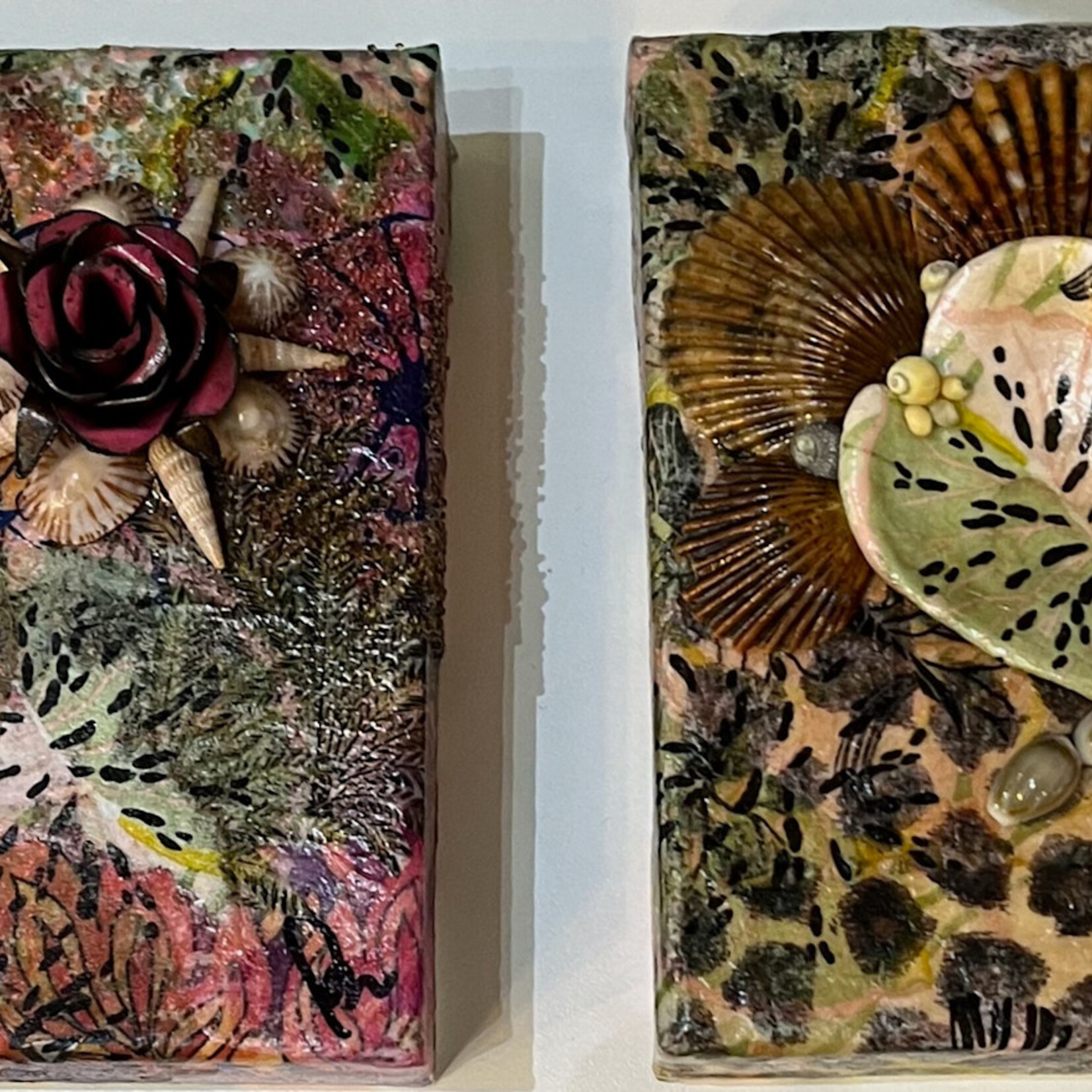 Pam Maschal Collage, mixed media w/shells, 6x6", PAMM
