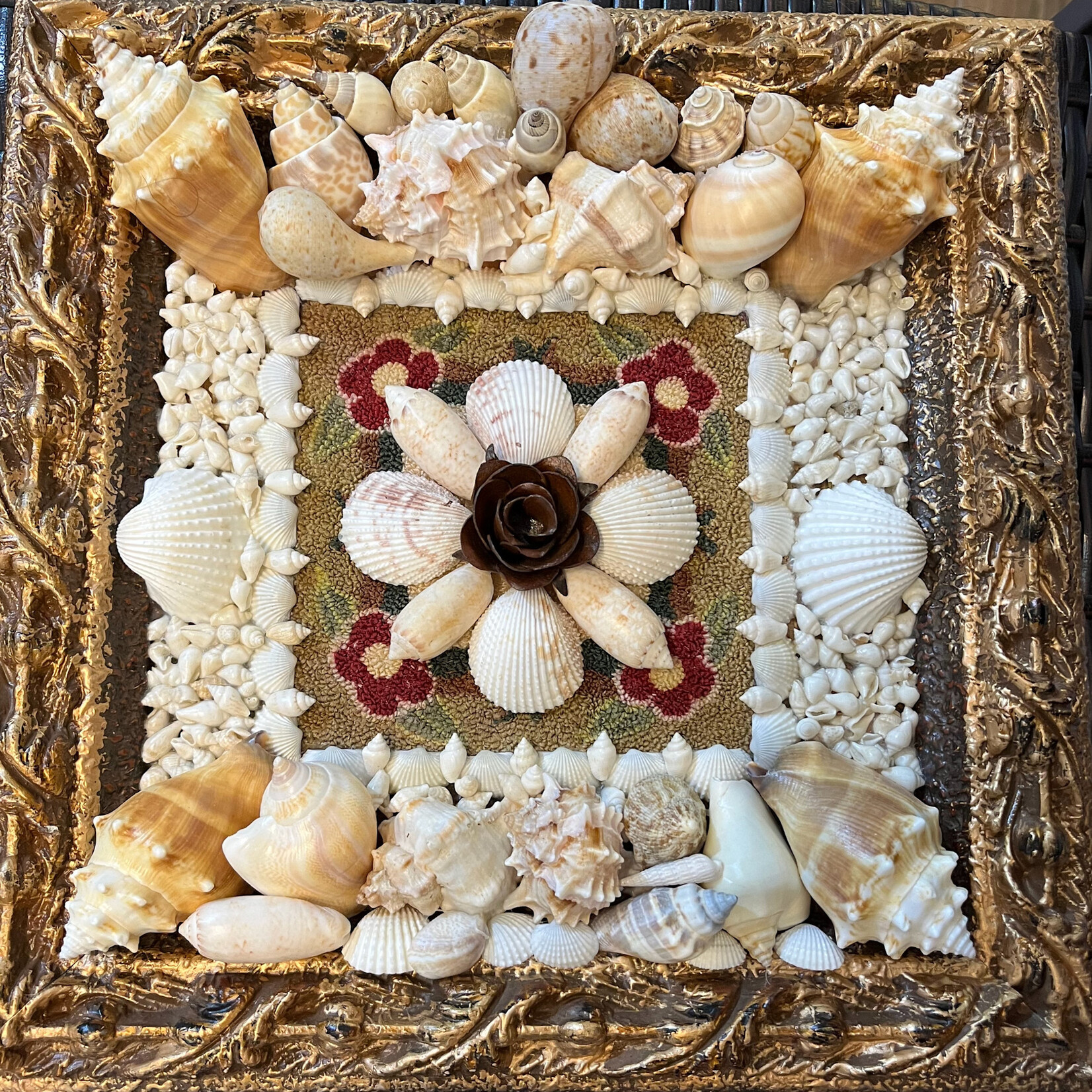 Pam Maschal Sailor's Valentine, Gold leaf frame, 12x12", PAMM