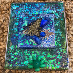 Pam Maschal Cigar box collage, blue/green butterfly, @5x5", PAMM