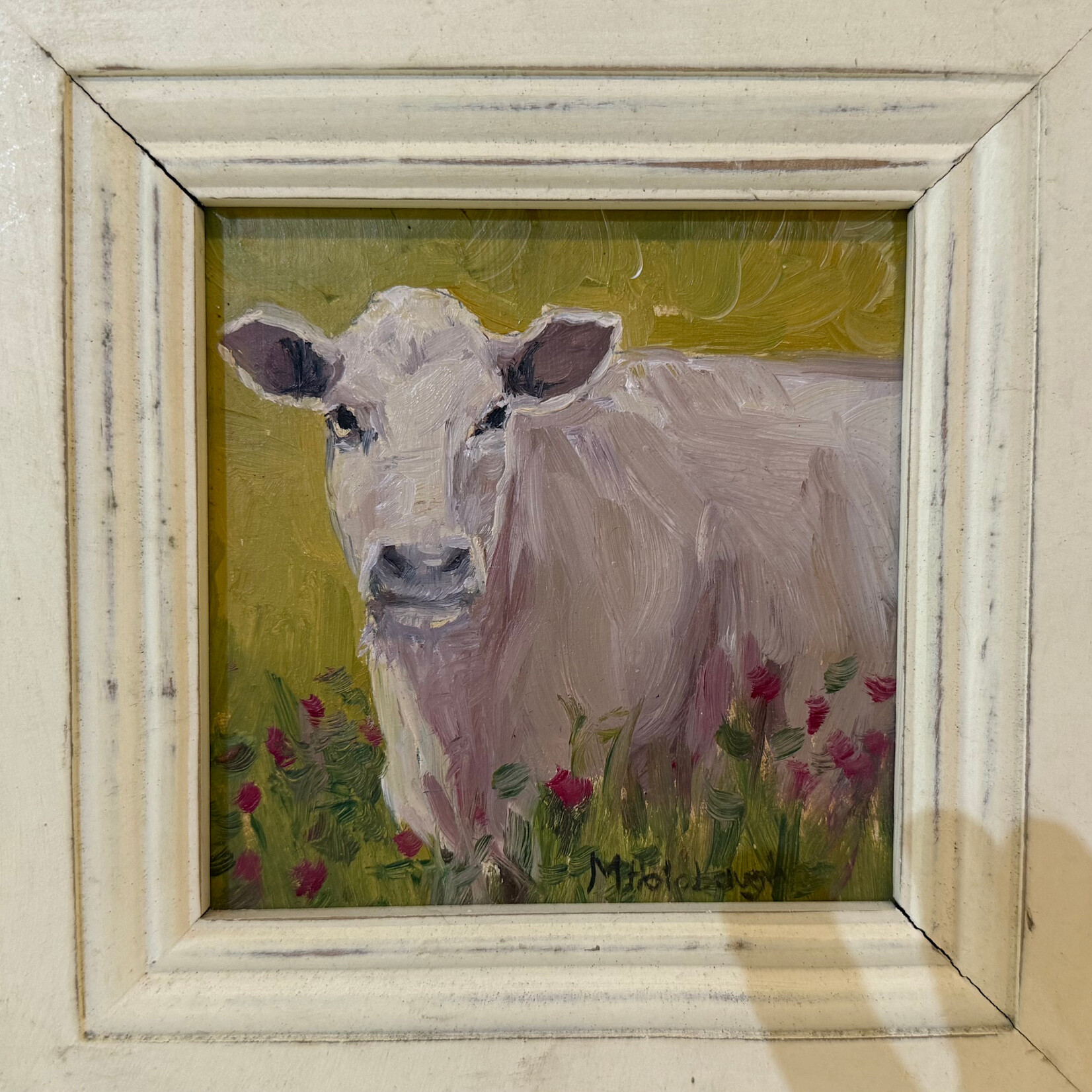 Rare Finds Cow, Mary Holobough, oil on.canvas, 7" sq, RARE