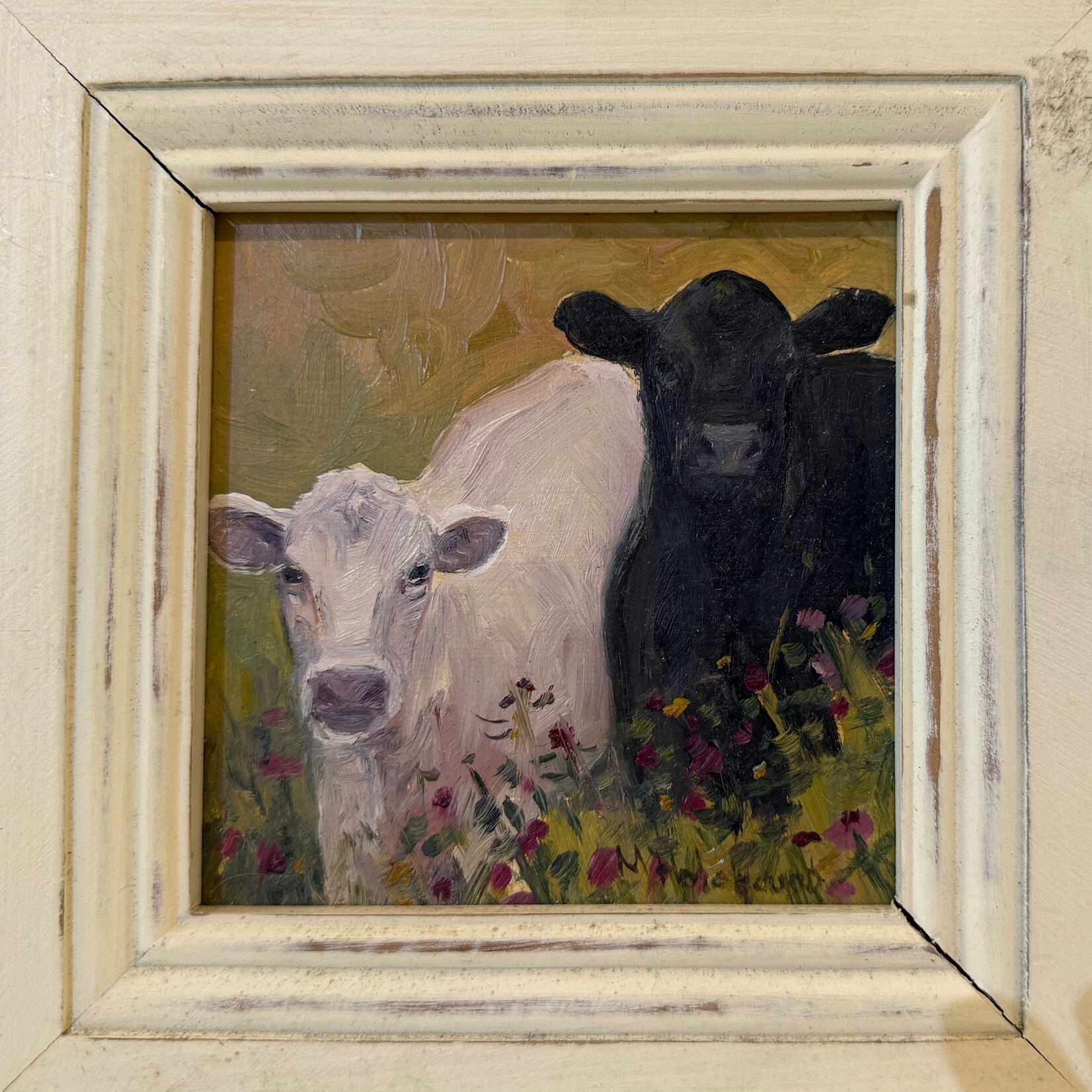 Rare Finds Cows, Mary Holobough, oil on canvas, 7" sq, RARE