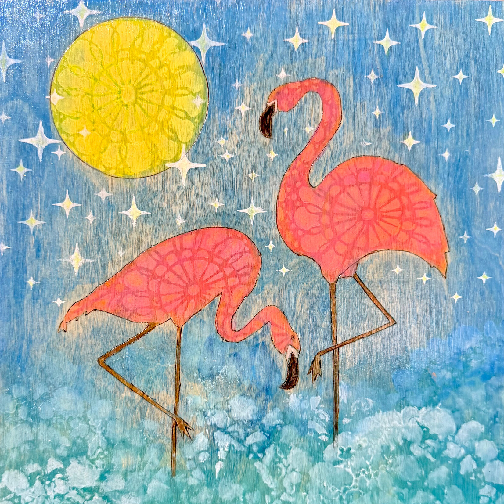 Marjorie Greenberg Flamingos in Starlight, painting on wood panel, 10"sq", MARG