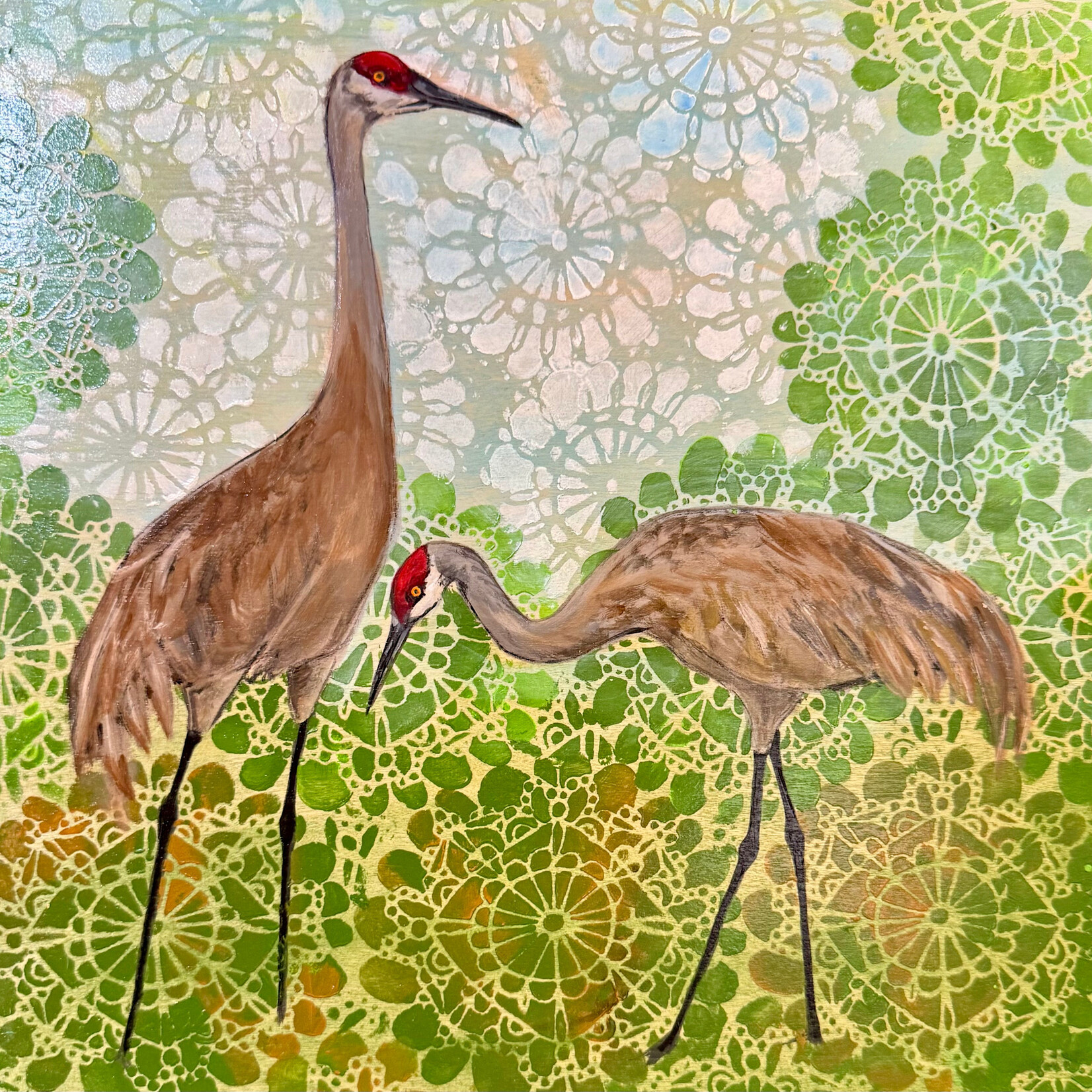 Marjorie Greenberg Sandhill Crane Couple, painting on wood panel, 12"sq", MARG