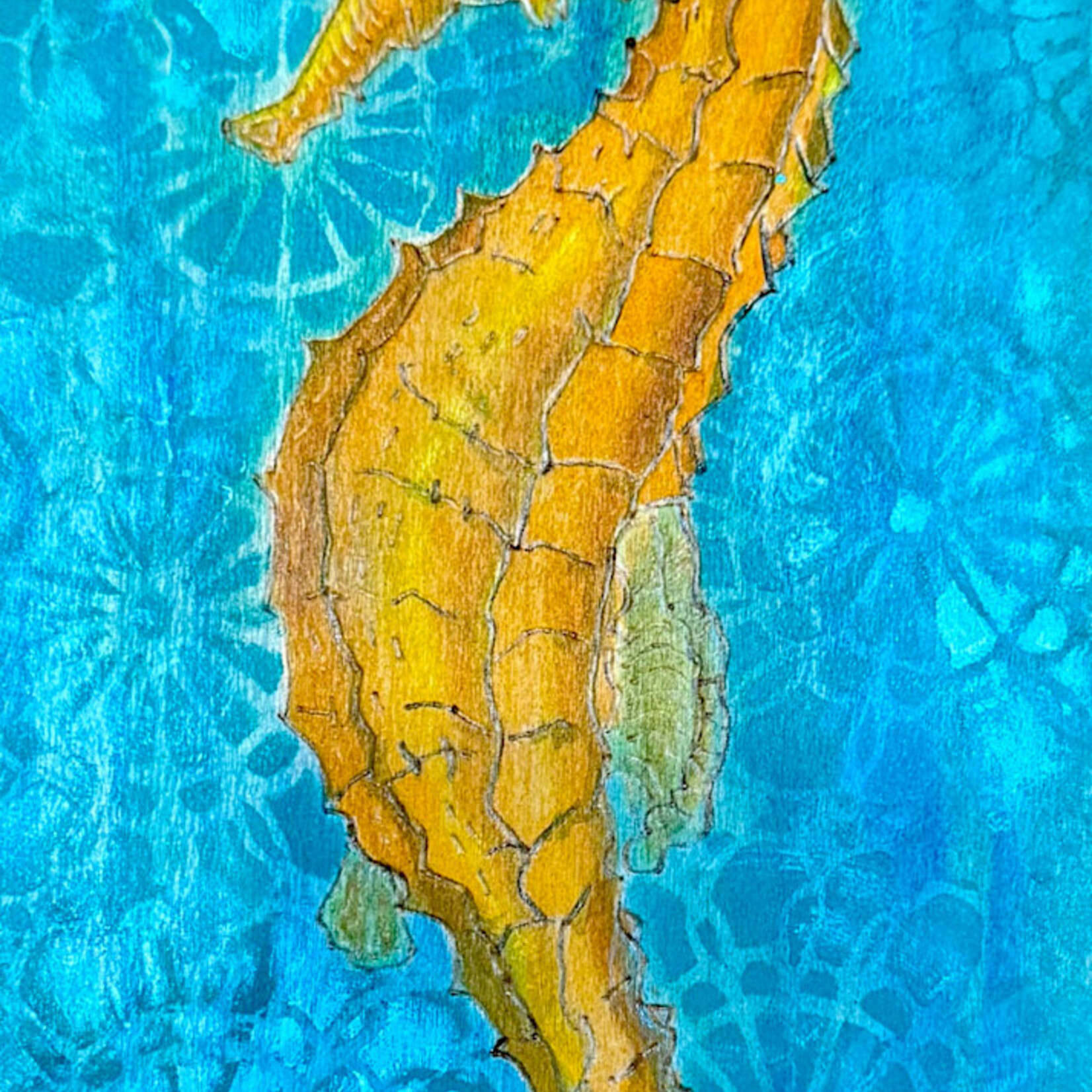 Marjorie Greenberg Seahorse, painting on wood panel, 5x14", MARG