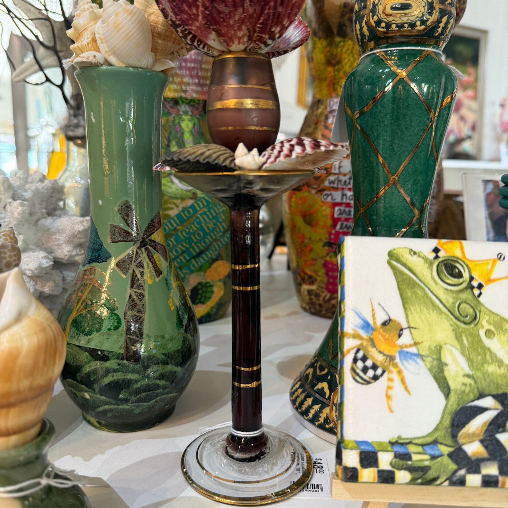 Pam Maschal Vintage Venetian glass candlestick w/shells, 10", PAMM