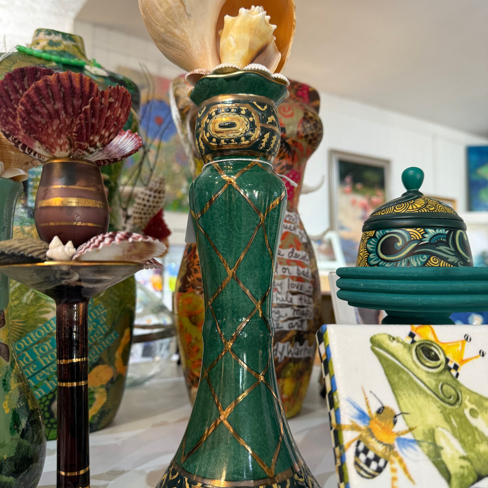 Pam Maschal Vintage green candlestick w/shells, 16", PAMM