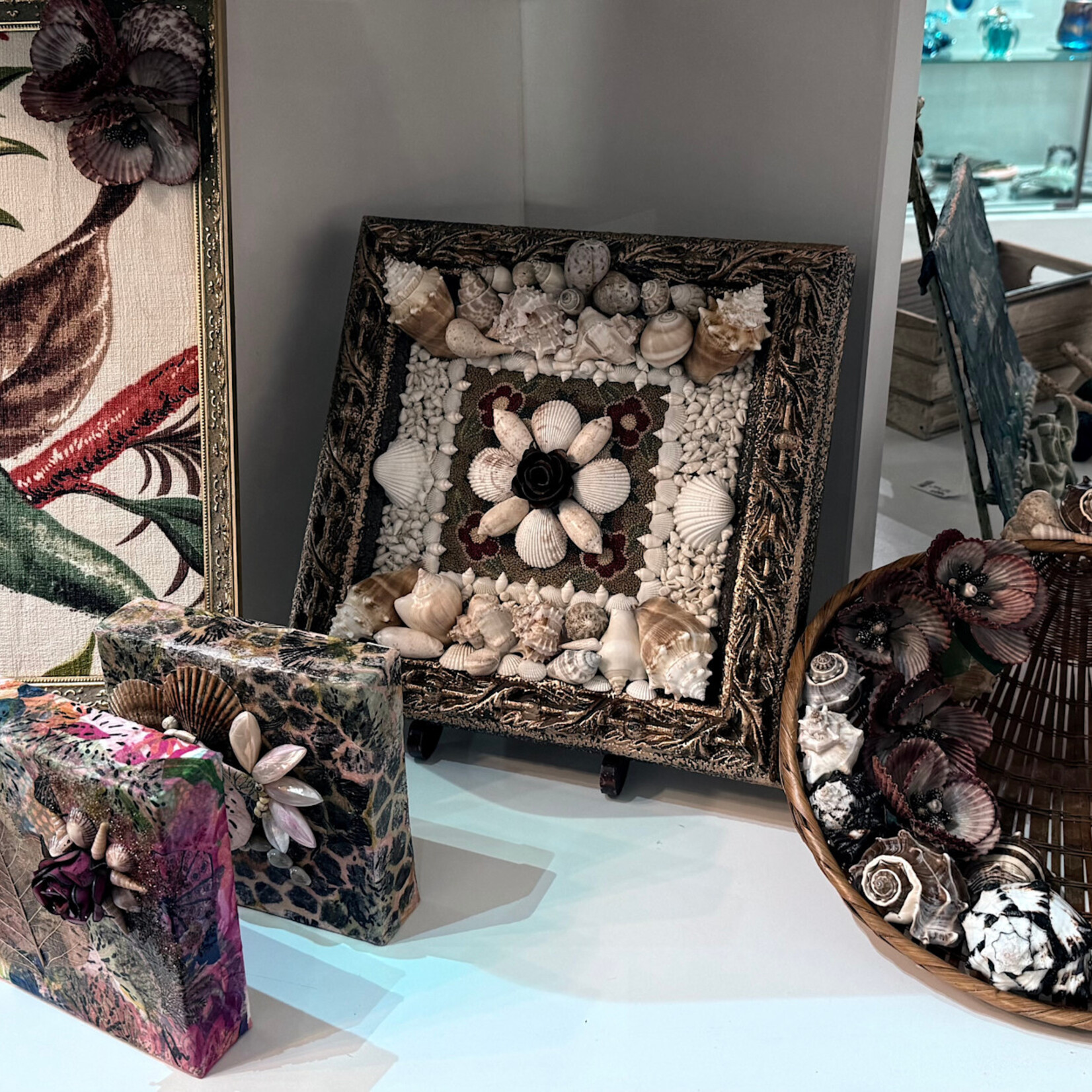 Pam Maschal Framed Vintage Fabric w/shells, 12x15", PAMM