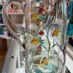 Mary Burnside Pitcher, small, handpainted glass w/fish motif,  MARY