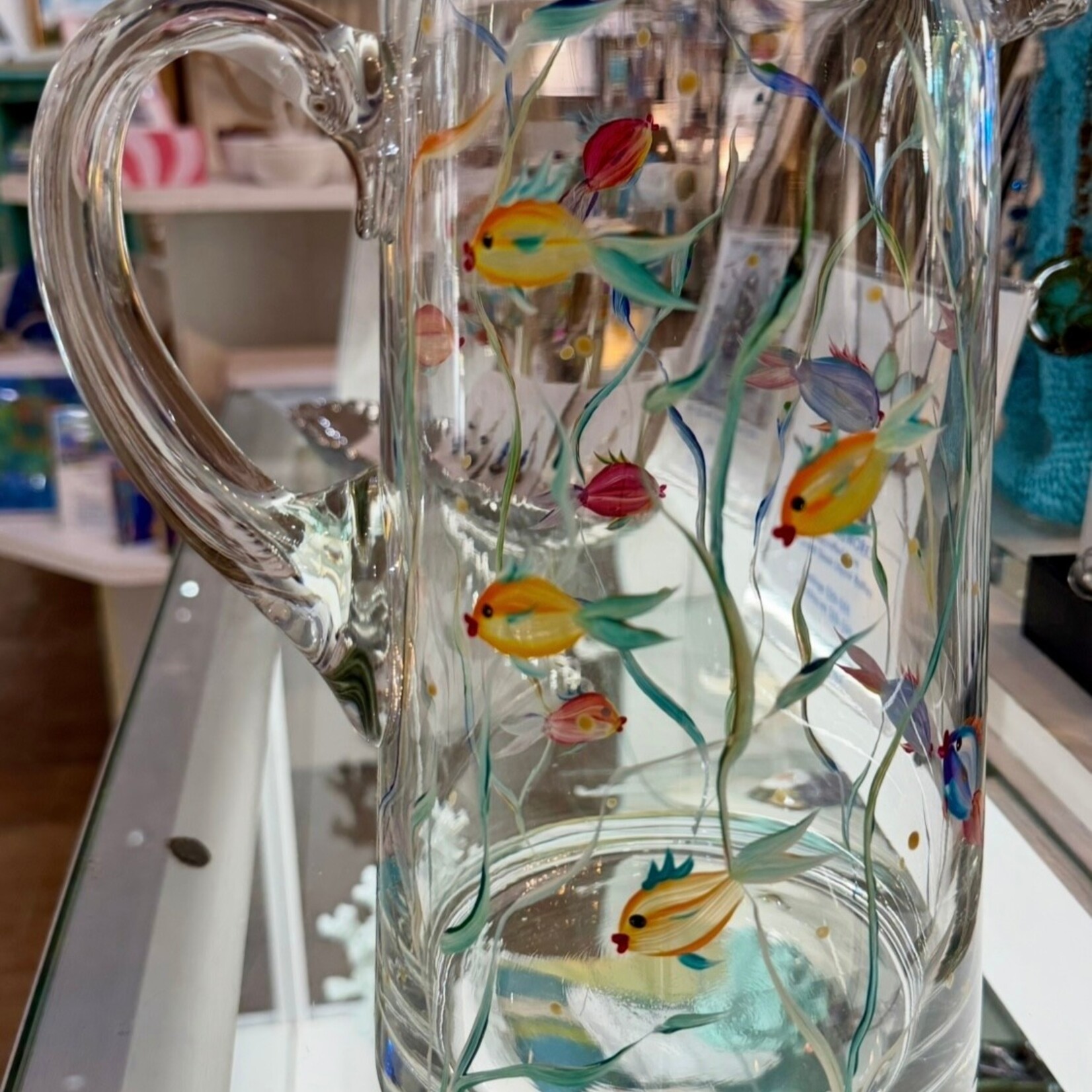 Mary Burnside Pitcher, small, handpainted glass w/fish motif,  MARY