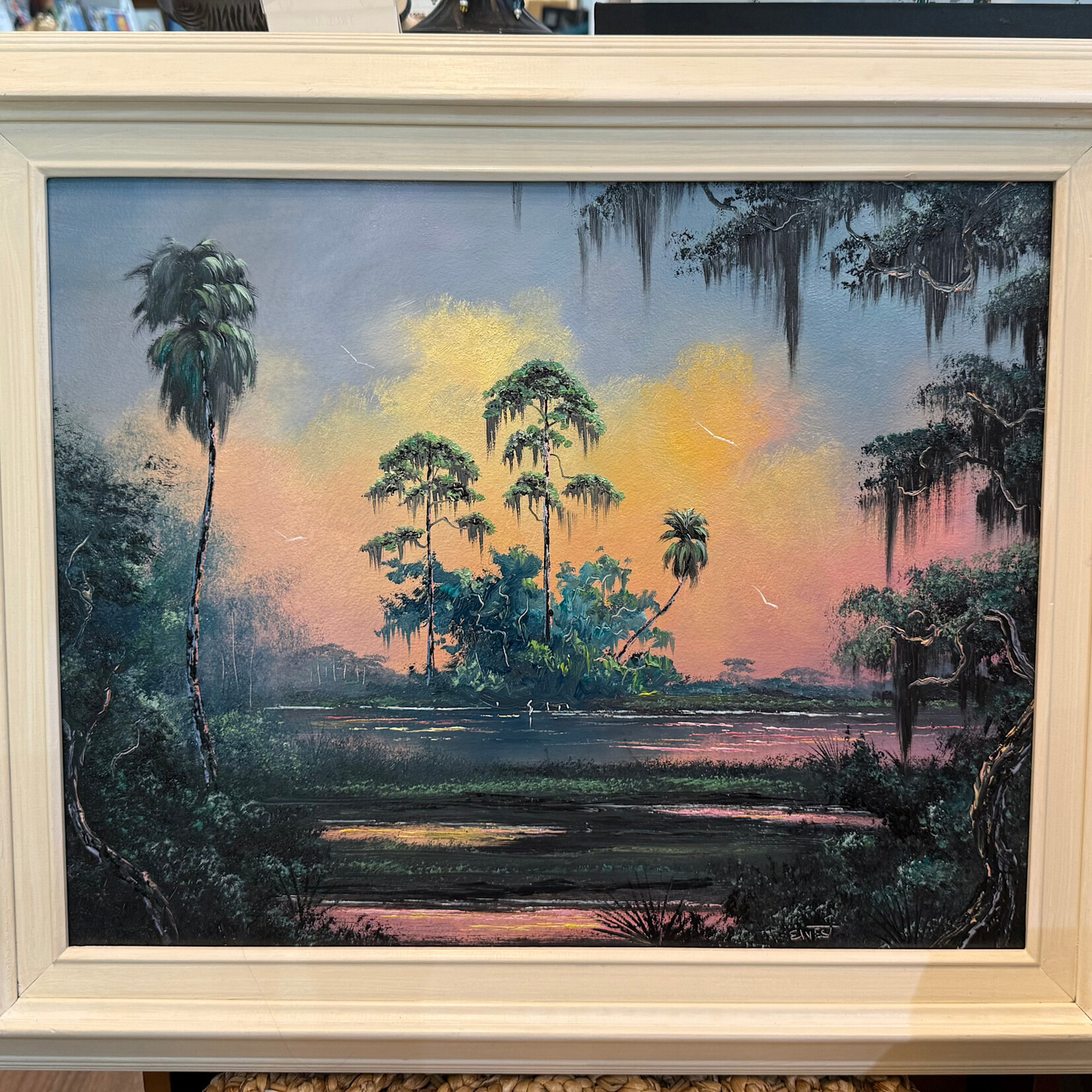 Rare Finds West Evans, "Sunset Island", oil on board, framed, 25x21", RARE