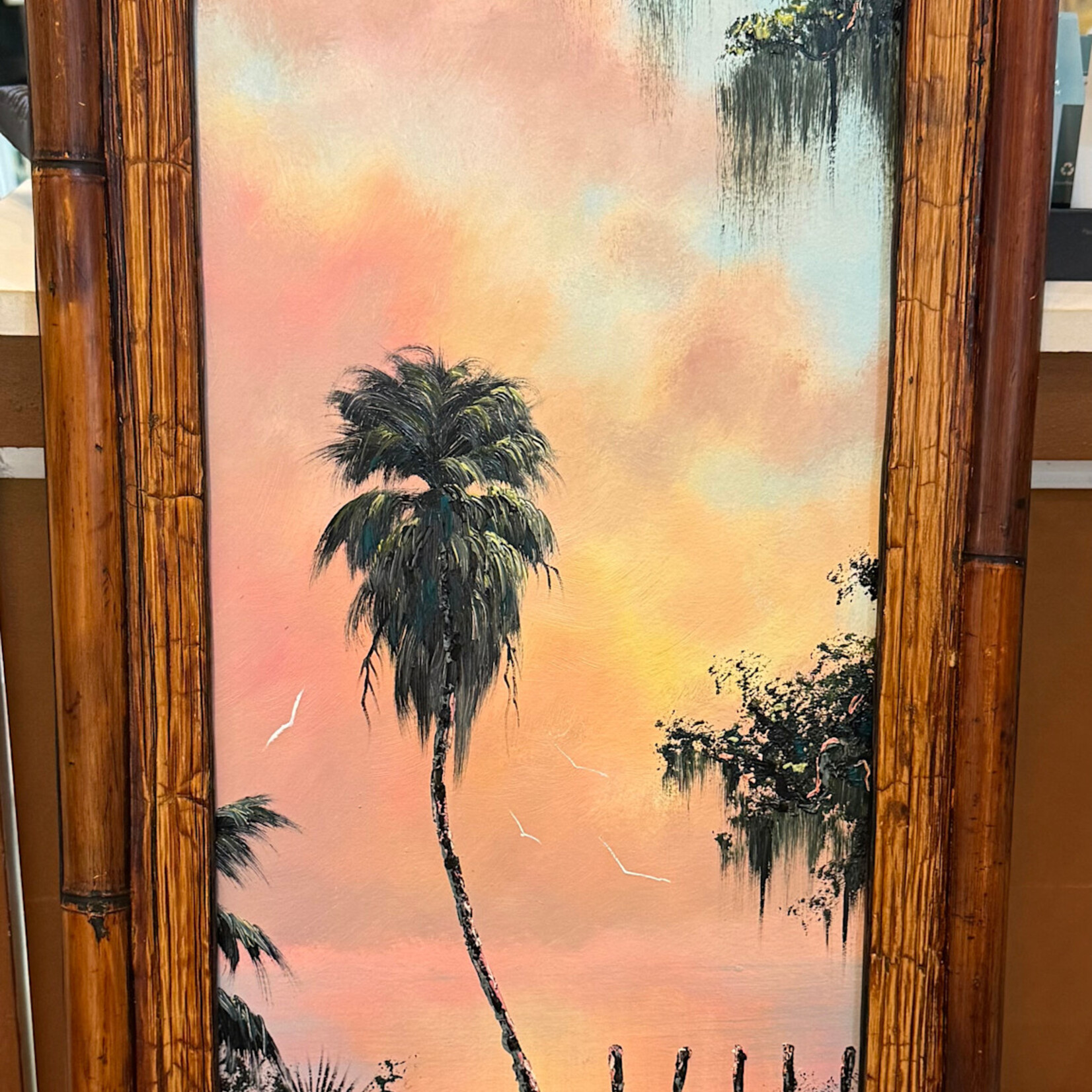Rare Finds West Evans, "Cotton Candy Skies w/birds", oil on board, framed, 16.5x32.5", RARE